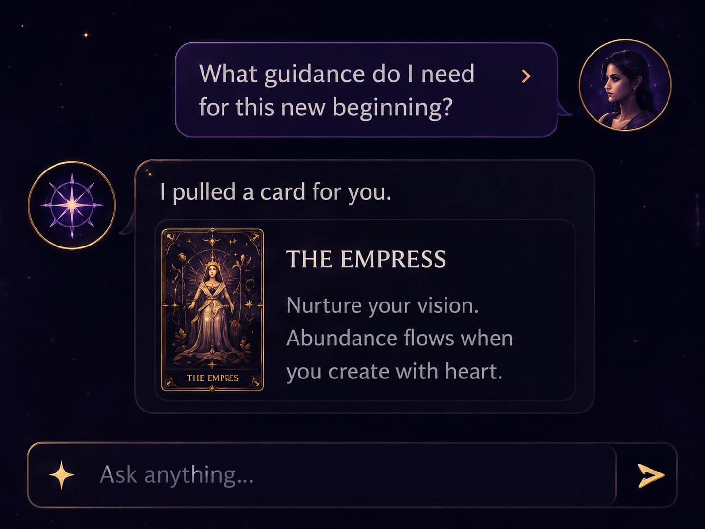 The Arcana Noctis Live Chat interface with a tarot card pull