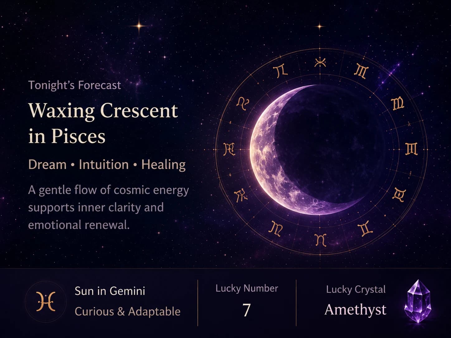 A moonlit horoscope panel with zodiac symbols